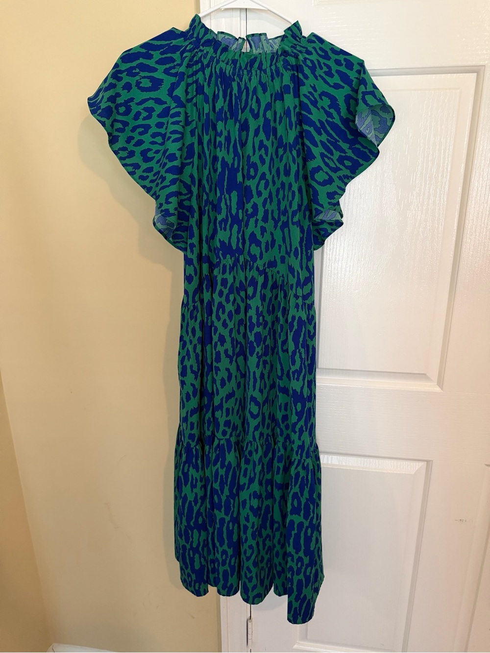 PINCH Blue Green Leopard Print Flutter Sleeve Midi Dress Medium